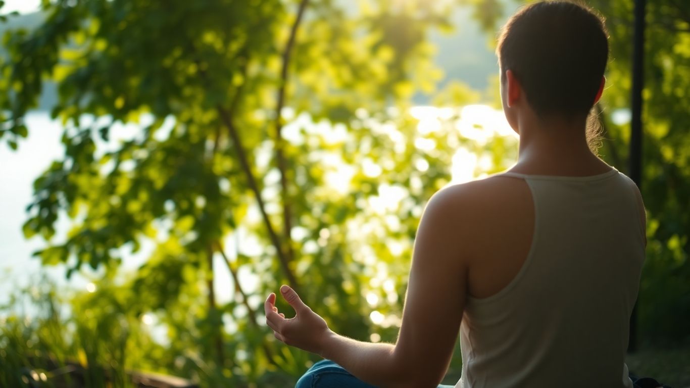 Person meditating in nature for self-care.