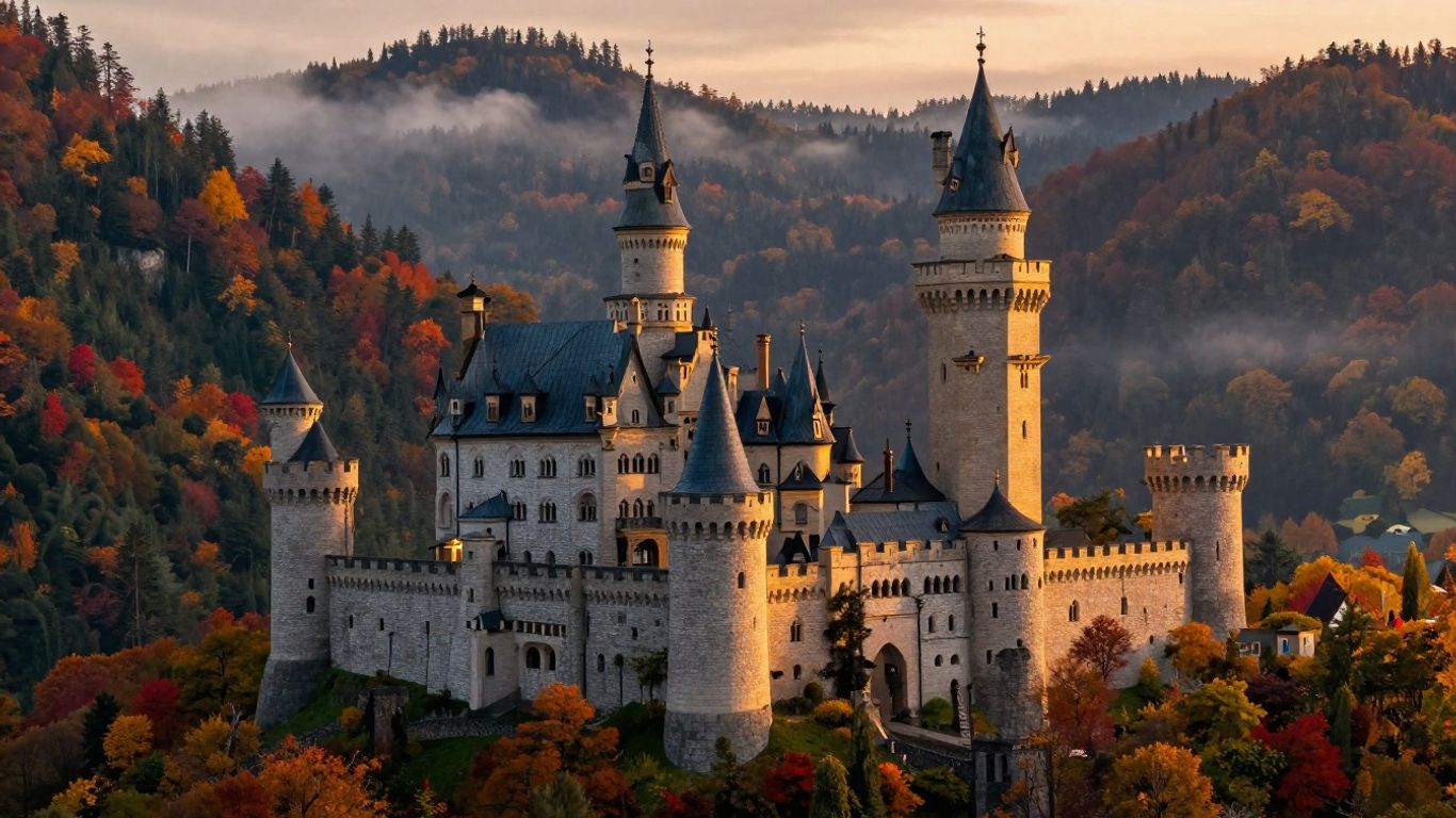 Medieval castle in Romania during autumn sunset