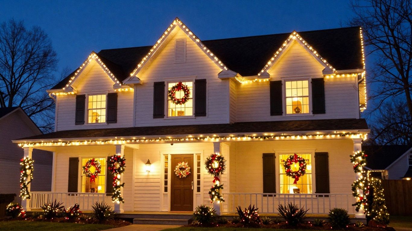 House decorated with professional Christmas lights.