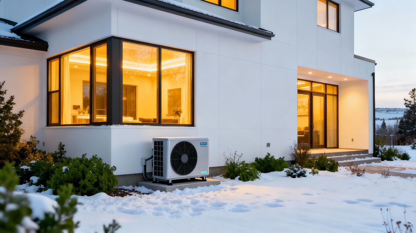 Modern home with advanced heat pump in snowy Dakota.