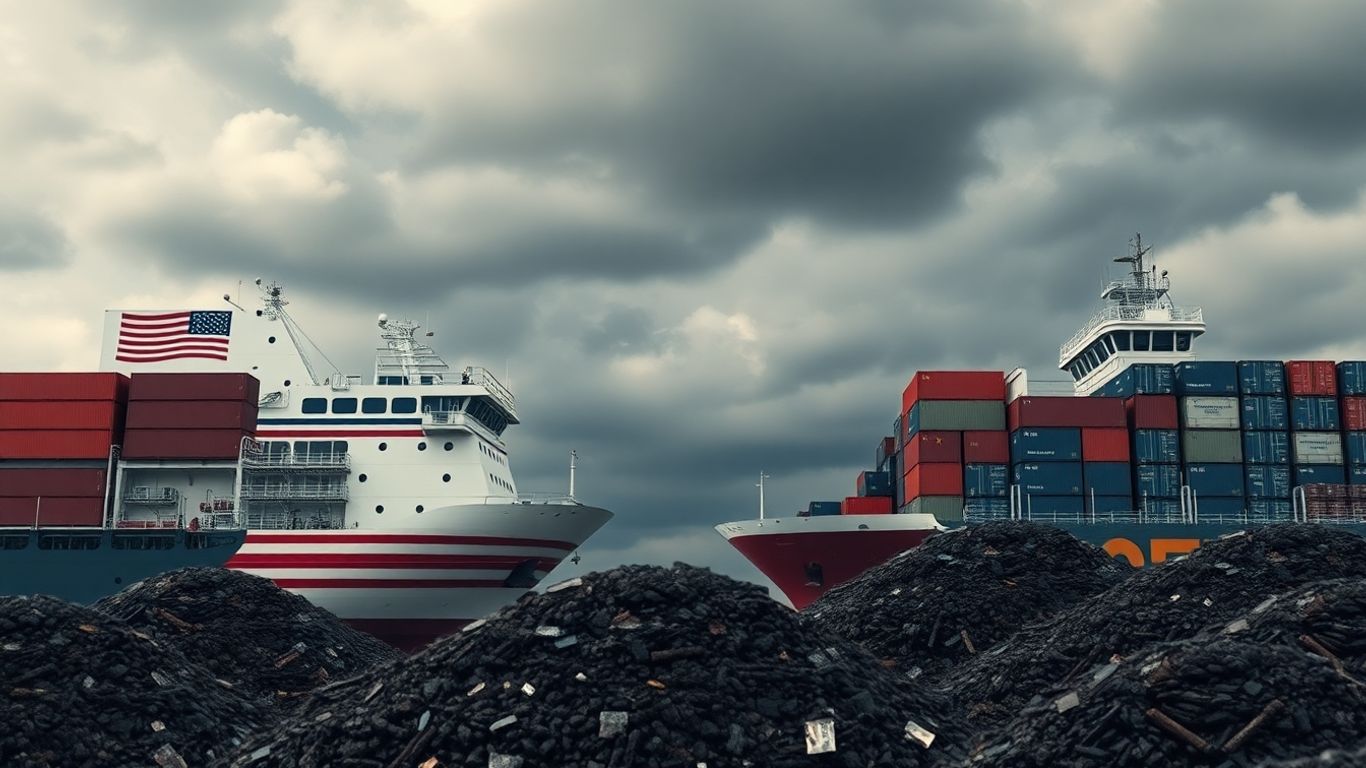 Navires américains et chinois face à face, minerais devant.