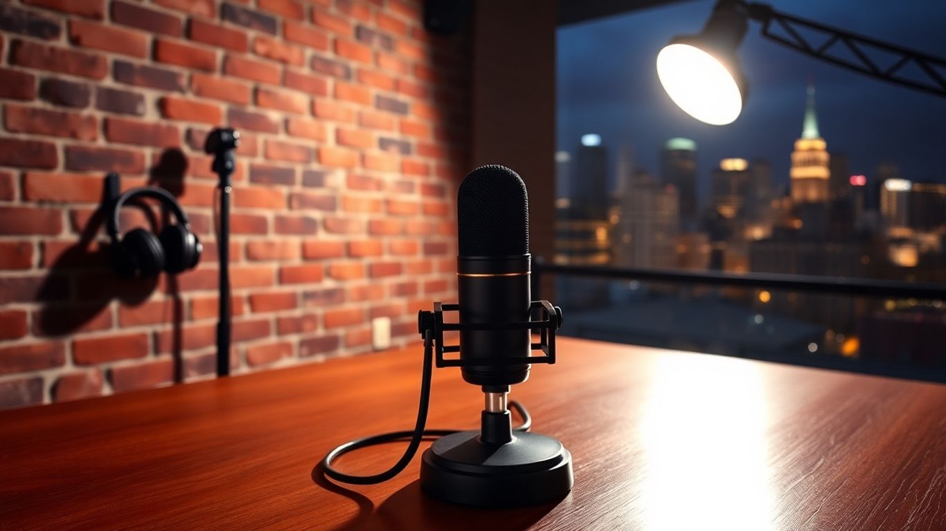Comedy stage and podcast studio objects with city backdrop