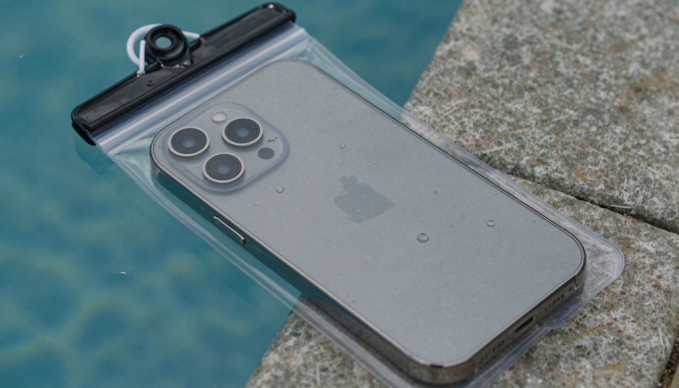 A close-up of a neutral smartphone sealed inside a waterproof plastic case with droplets on the surface, resting poolside