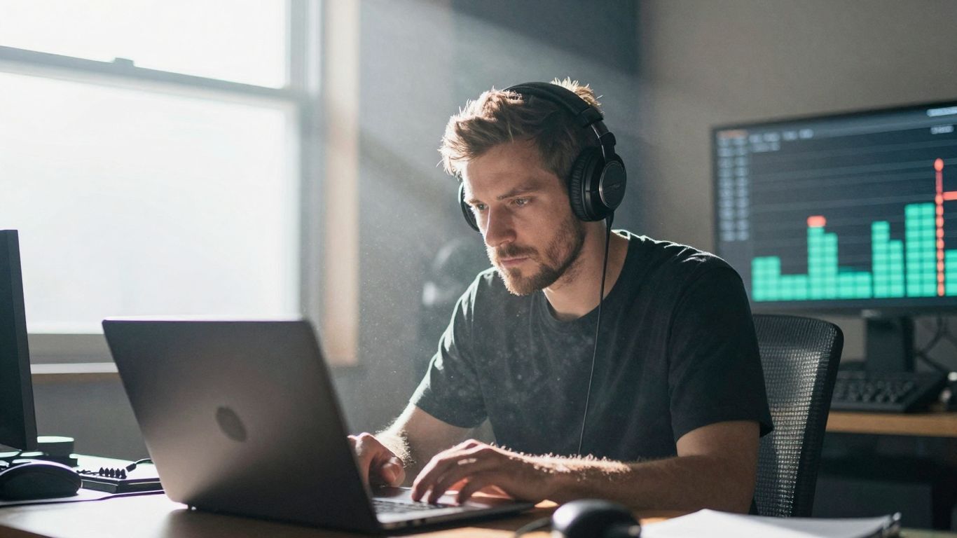 Musician focused on laptop with sound waves.