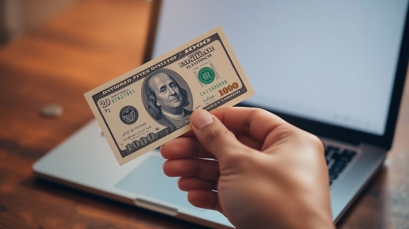 Hand holding $100 bill with laptop and coins.