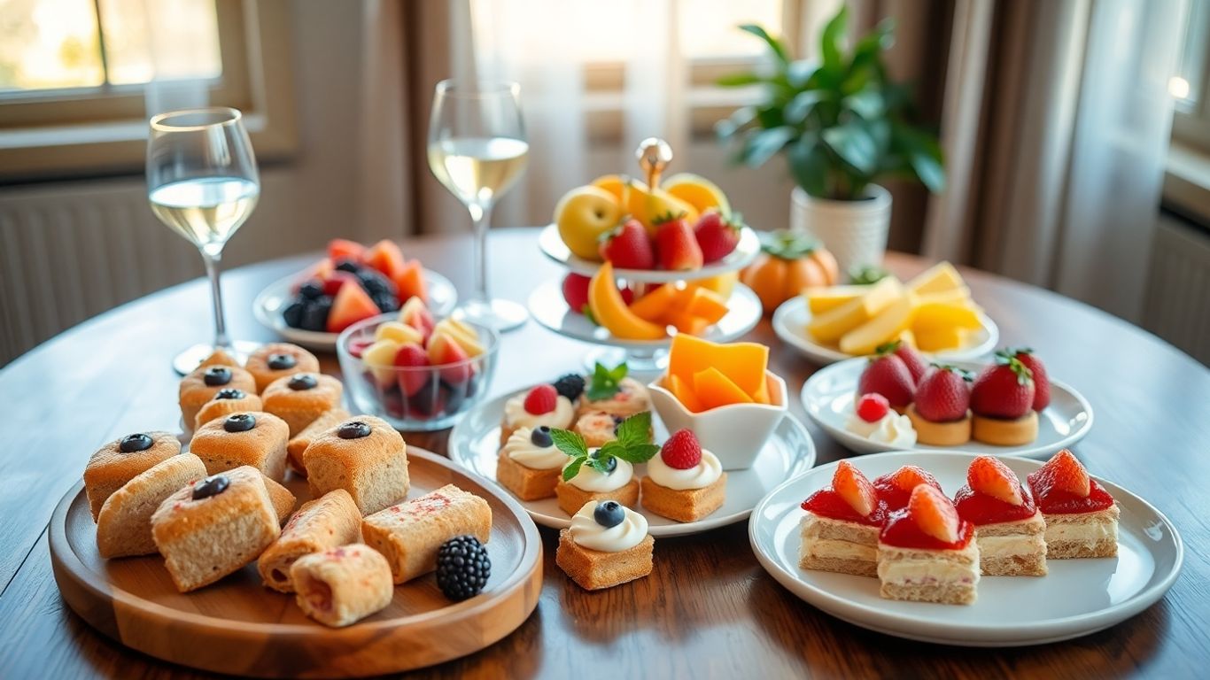 ชุดของว่างหลากสีสำหรับงานเลี้ยงบนโต๊ะไม้