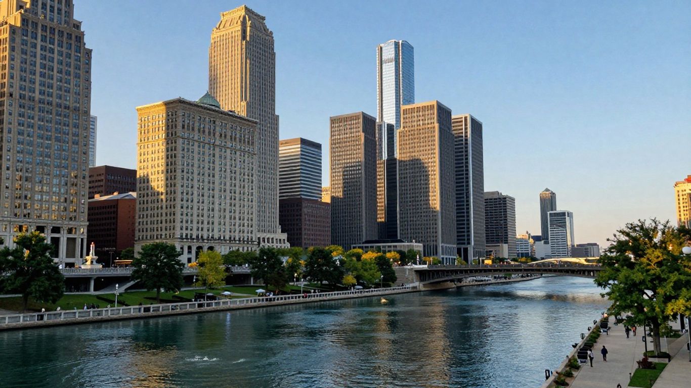 Detroit skyline with modern and historic buildings by the river.