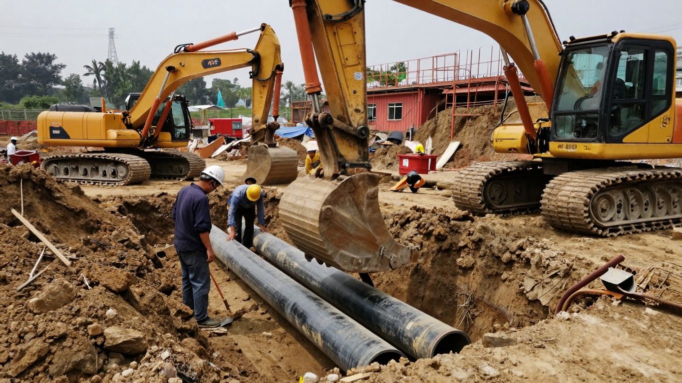 Construction workers installing underground pipes with heavy machinery.