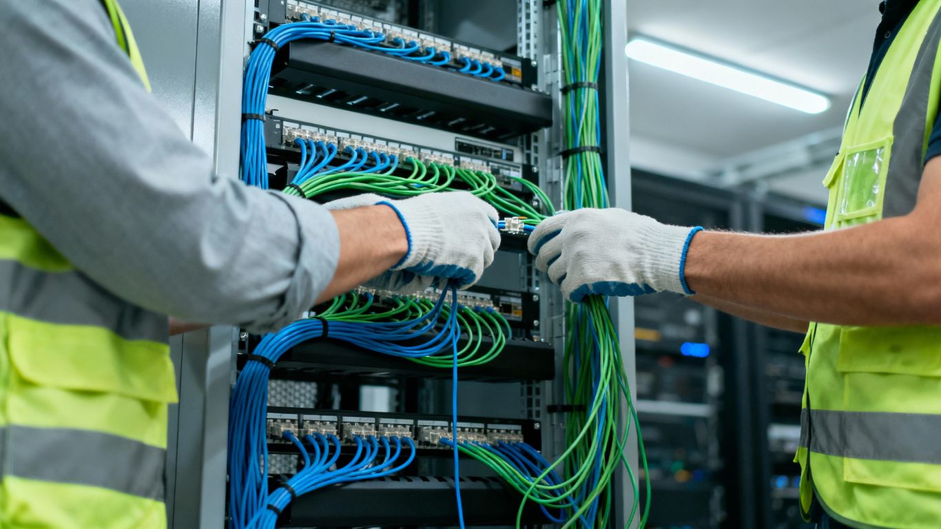 Network cabling installation in a modern office.