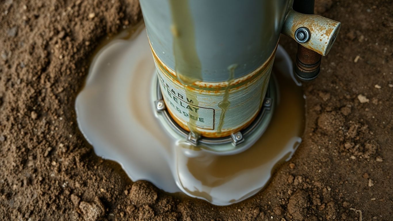 Leaking well pump with visible water and rust.