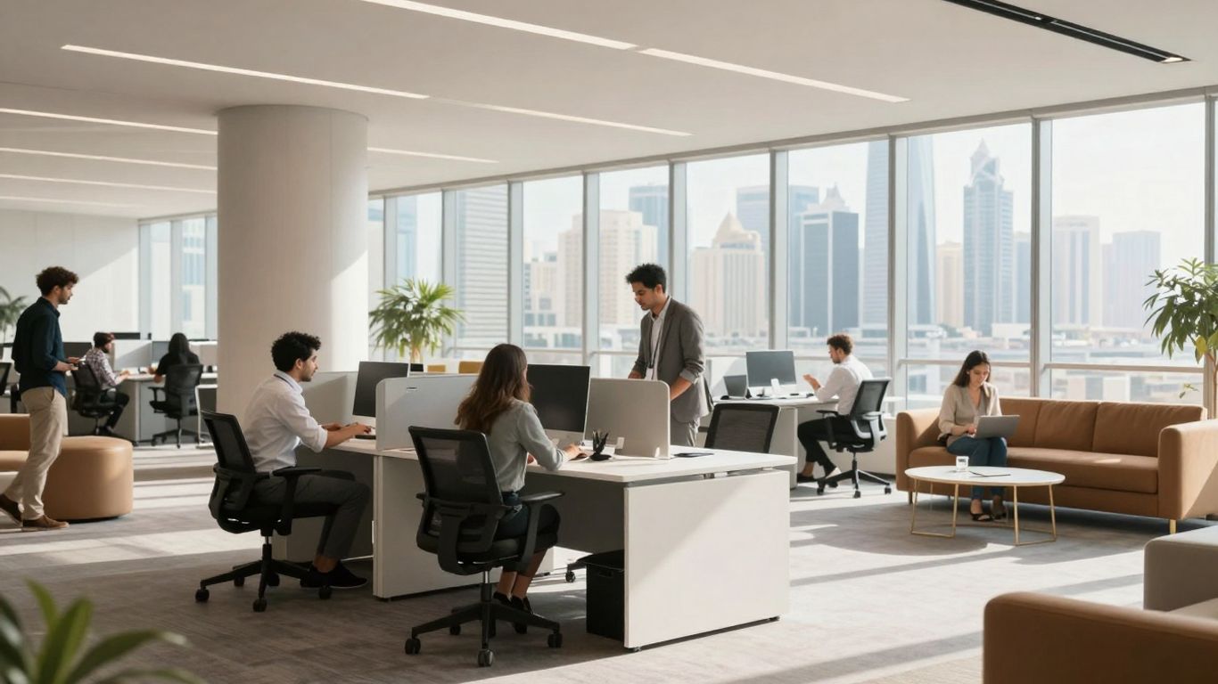 Flexible office space in Dubai with modern furniture.