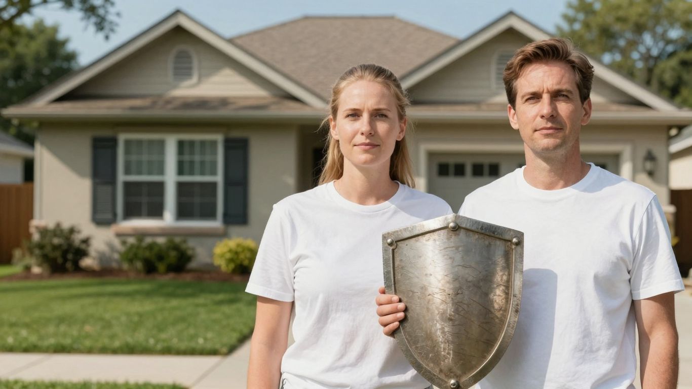 Propietario seguro frente a su casa con un escudo.