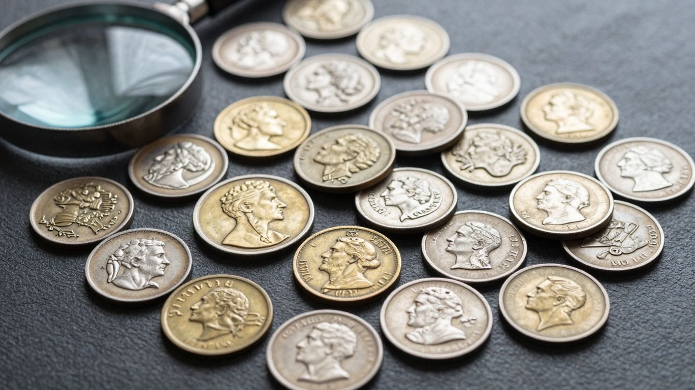 Collection of valuable antique coins with magnifying glass.