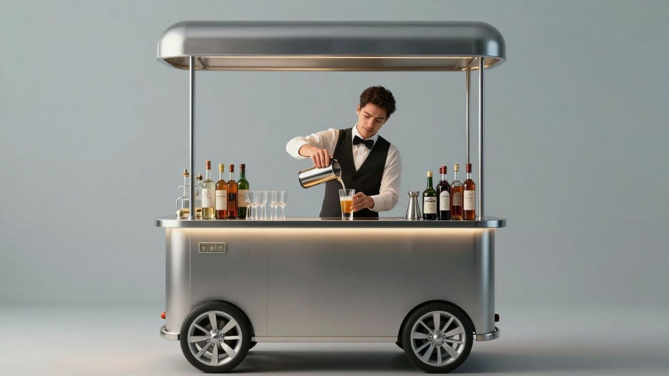 Mobile bar with bartender serving drinks.