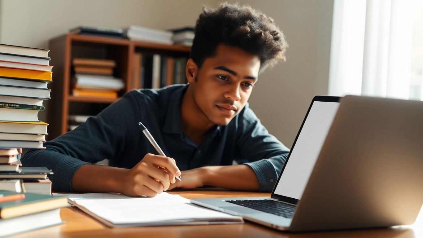 Student writing at a desk, preparing for TOEFL.