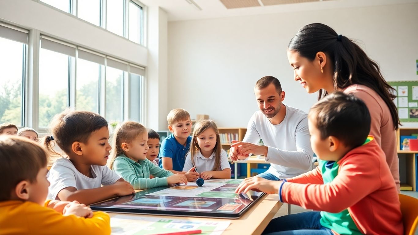Elevi și profesori într-o clasă modernă
