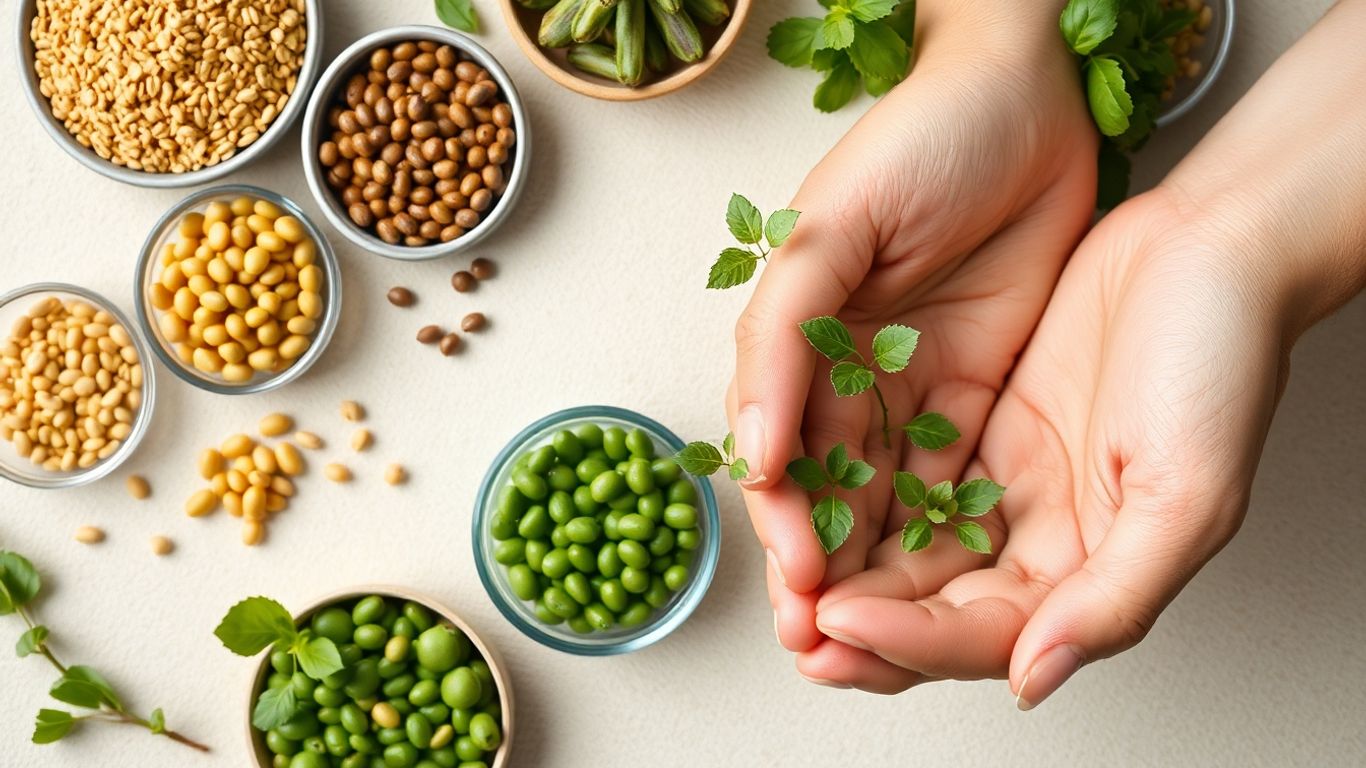 Hands holding seedling near bowls of spermidine-rich foods