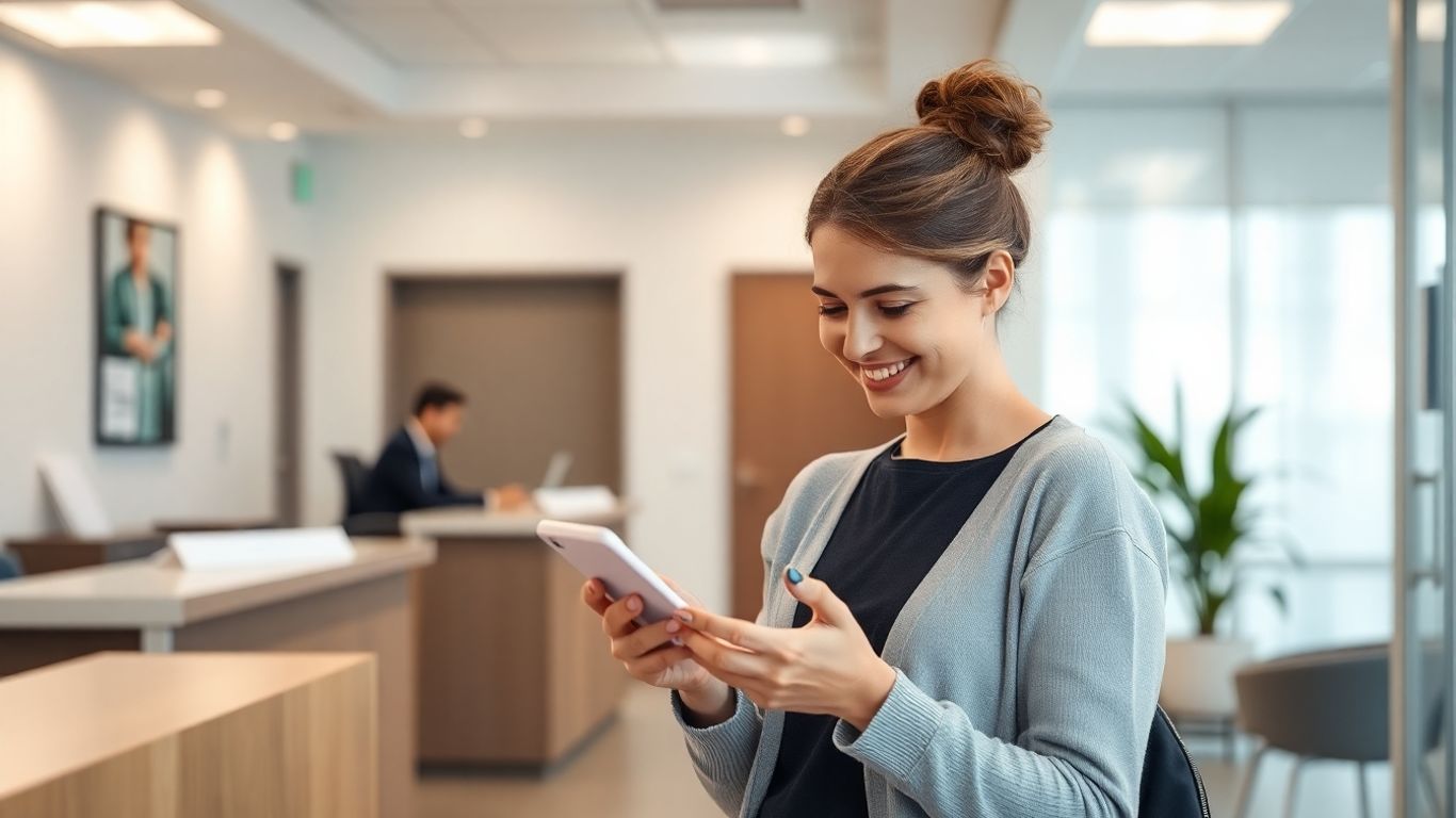 Patient receiving a reminder on their mobile phone at a clinic.