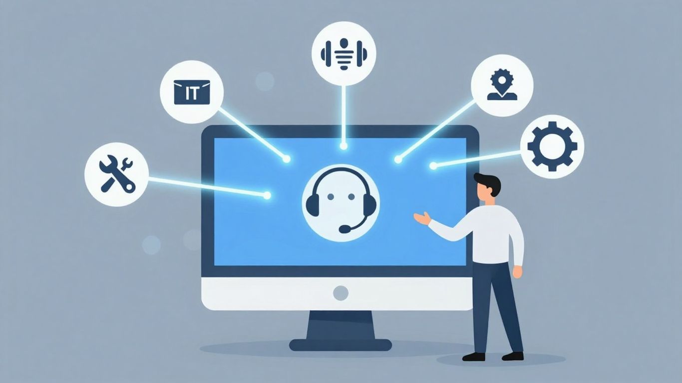 IT helpdesk support infographic with computer and assistance icons.