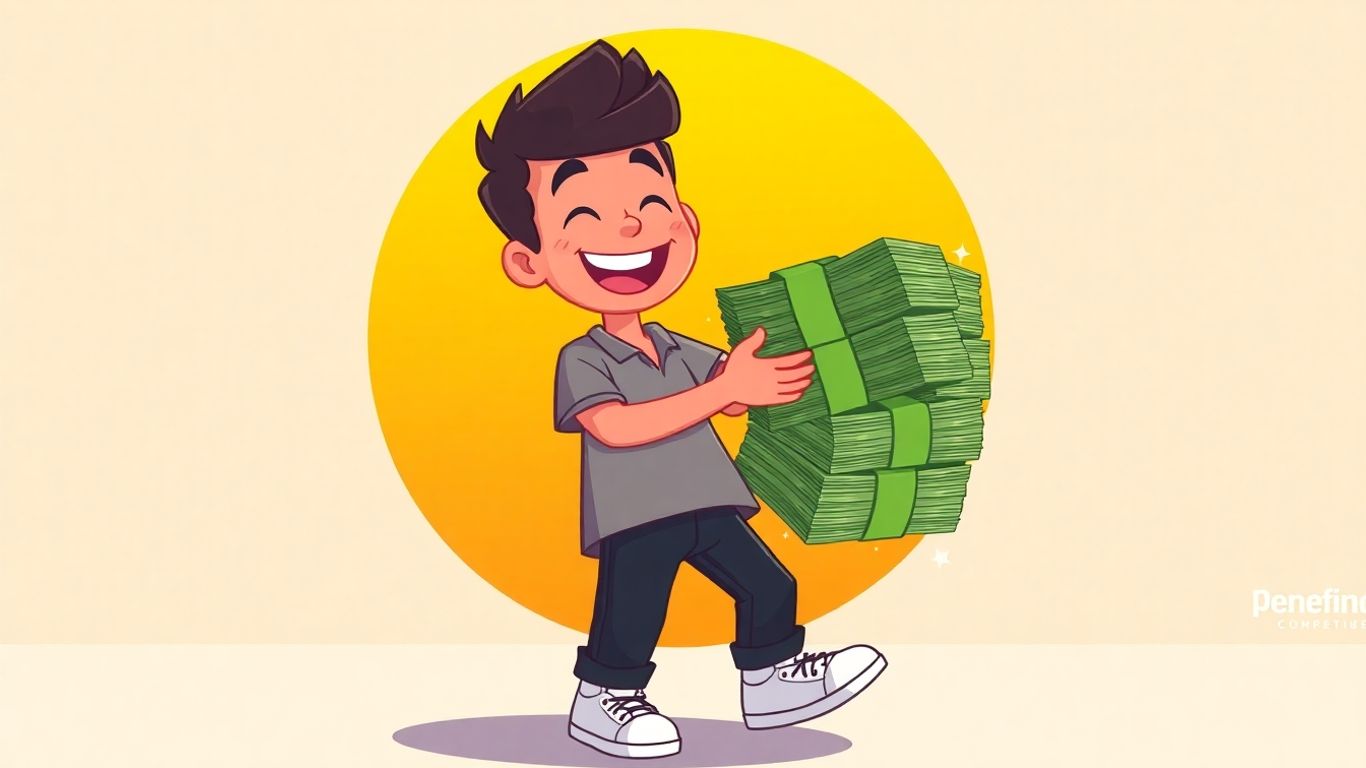 Happy person holding money, cartoon style.
