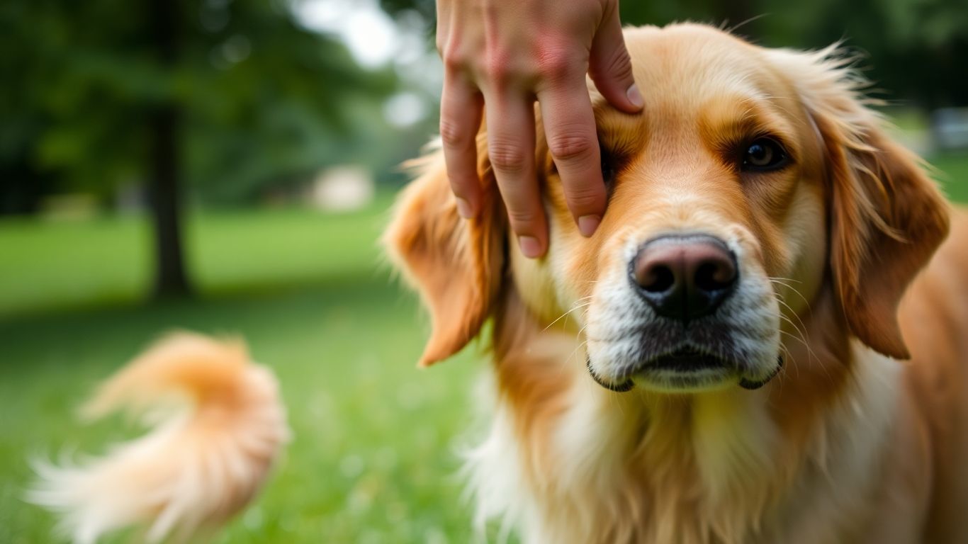 Friendly dog being petted by a person.