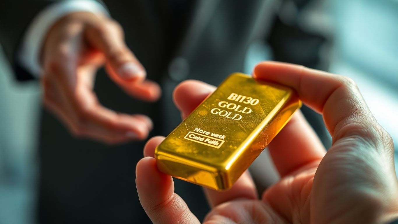 Mani che tengono una barra d'oro, transazione