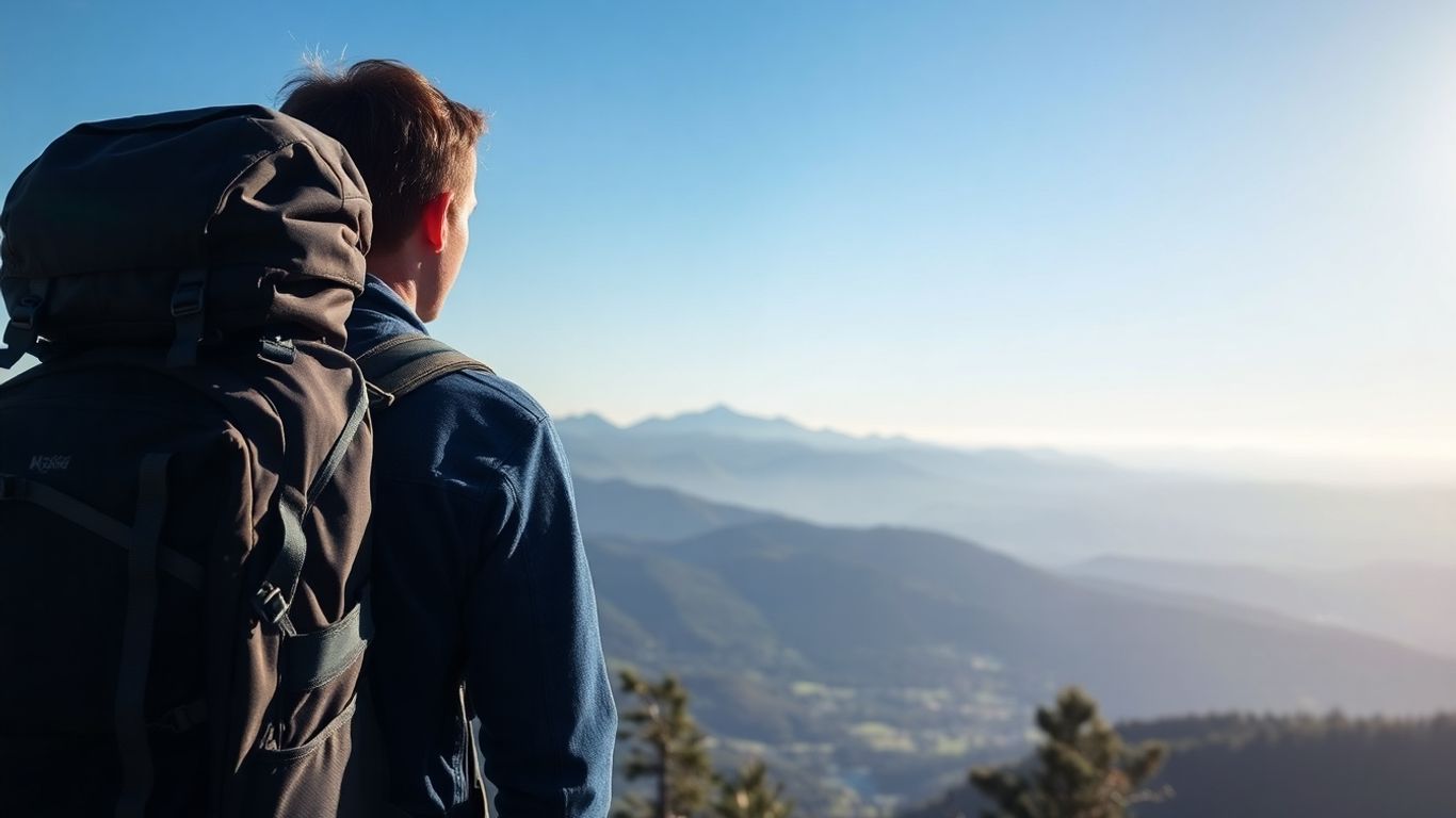 Person blickt auf Berglandschaft, Rucksack, lange Reise