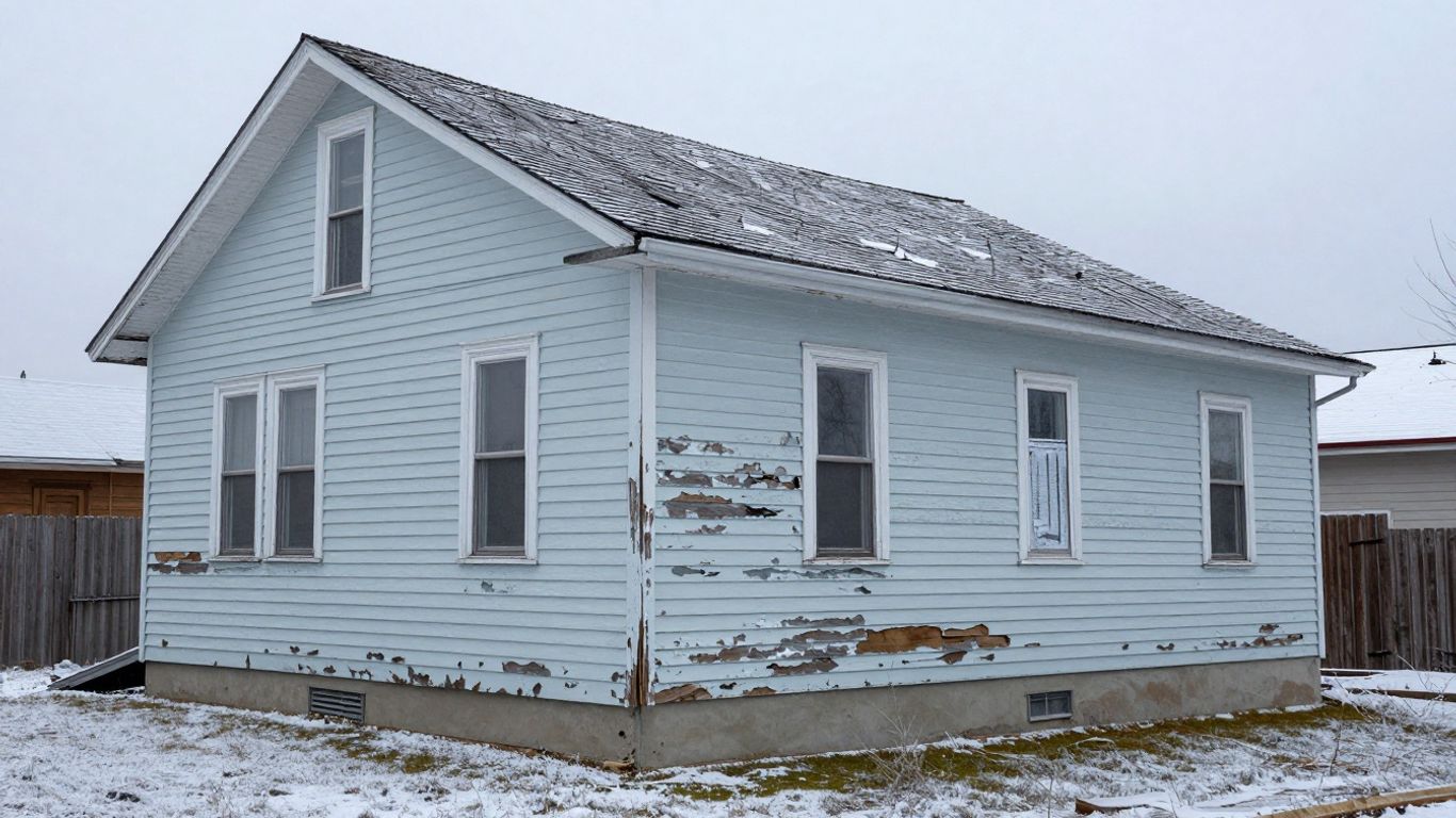 House exterior with peeling paint and frost.
