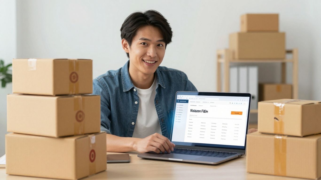 Seller managing Amazon FBM sales with packed boxes.