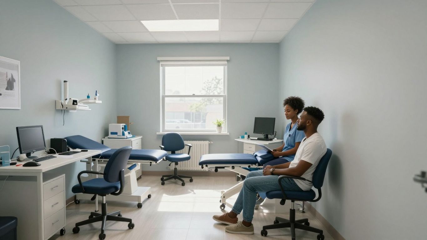 Interiorul unui cabinet de medicină de familie modern și dotat.