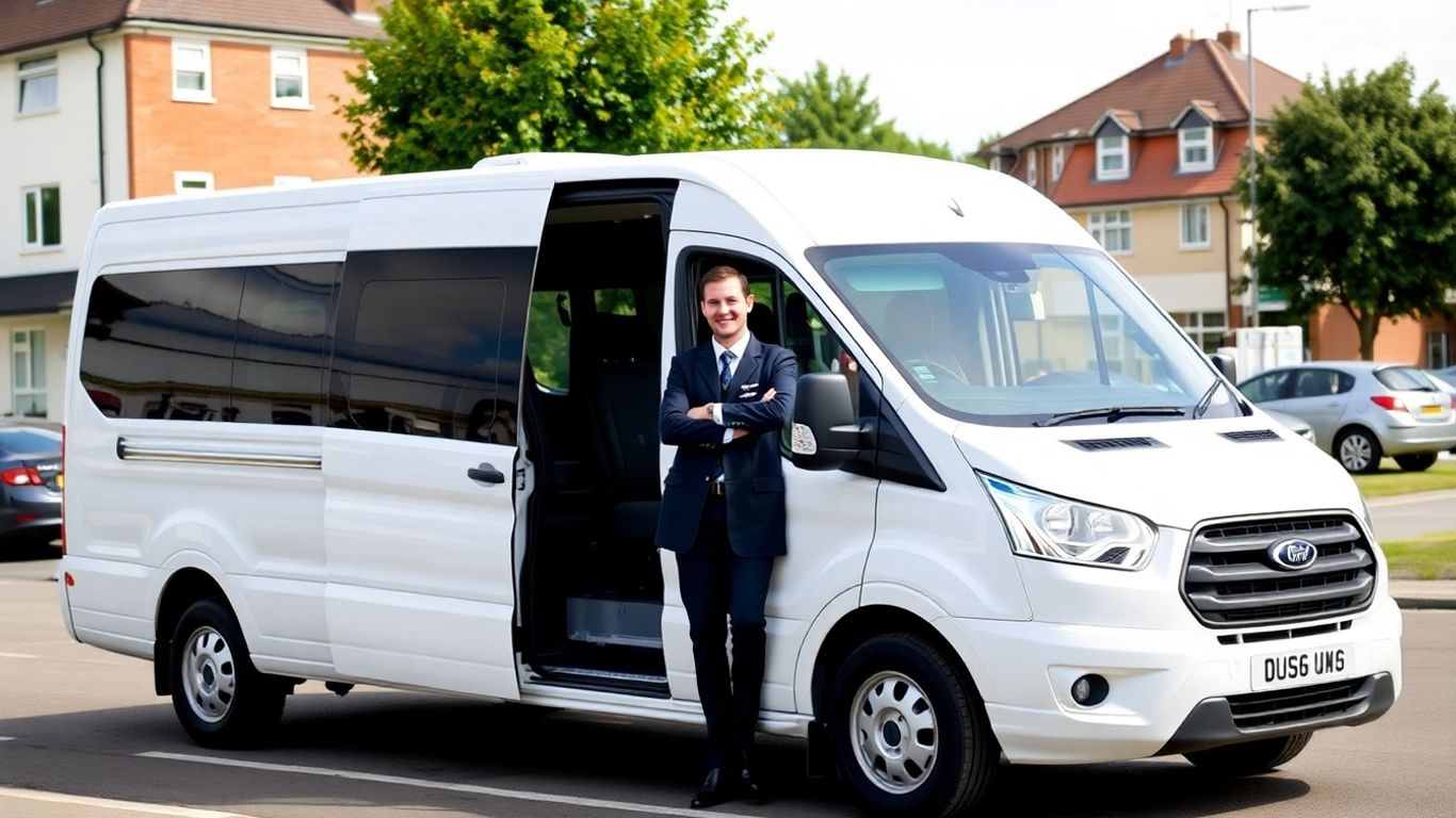 White 16 seater minibus with driver in Slough.