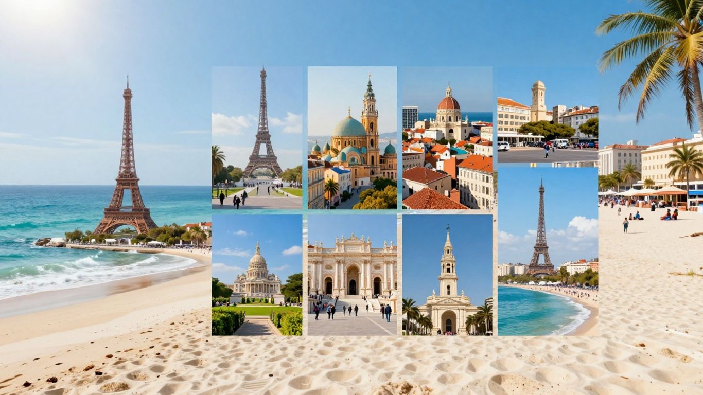 Krajobraz z różnymi miejscami podróży, plażami i miastami.