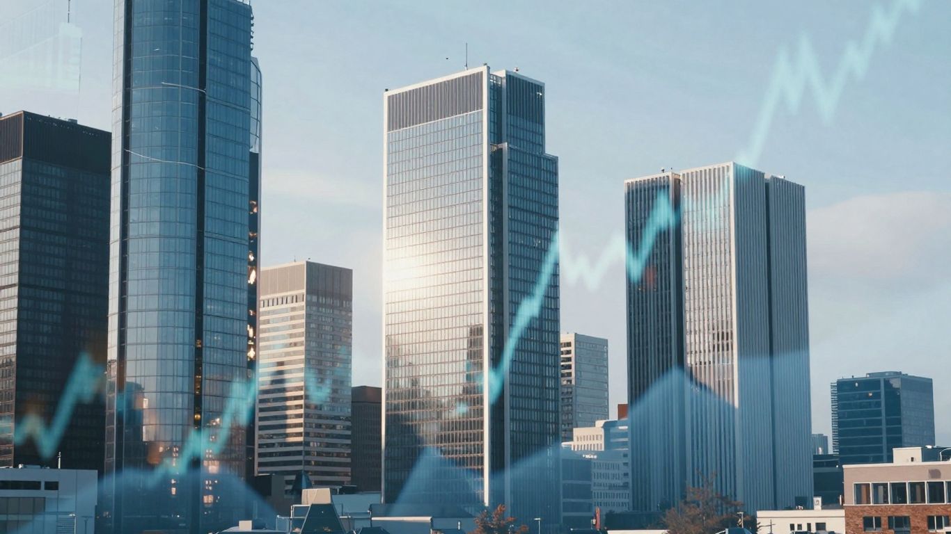 German cityscape with abstract financial data overlay.