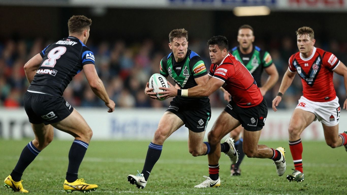 Rugby league players in action on a field.