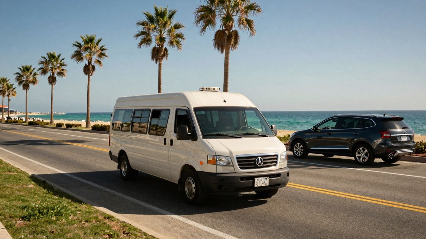 Cabo airport shuttle van and private SUV on coastal road.
