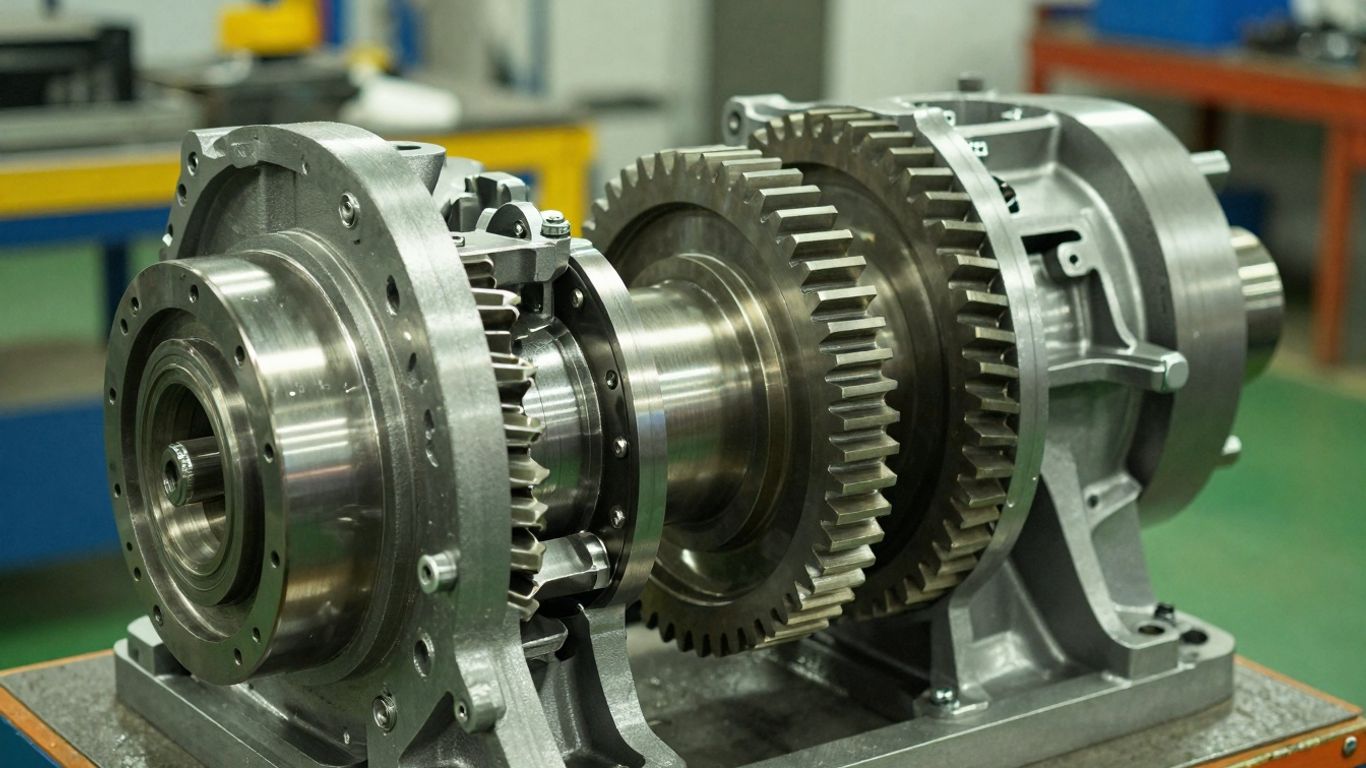 Industrial gearbox with intricate metallic gears and components.