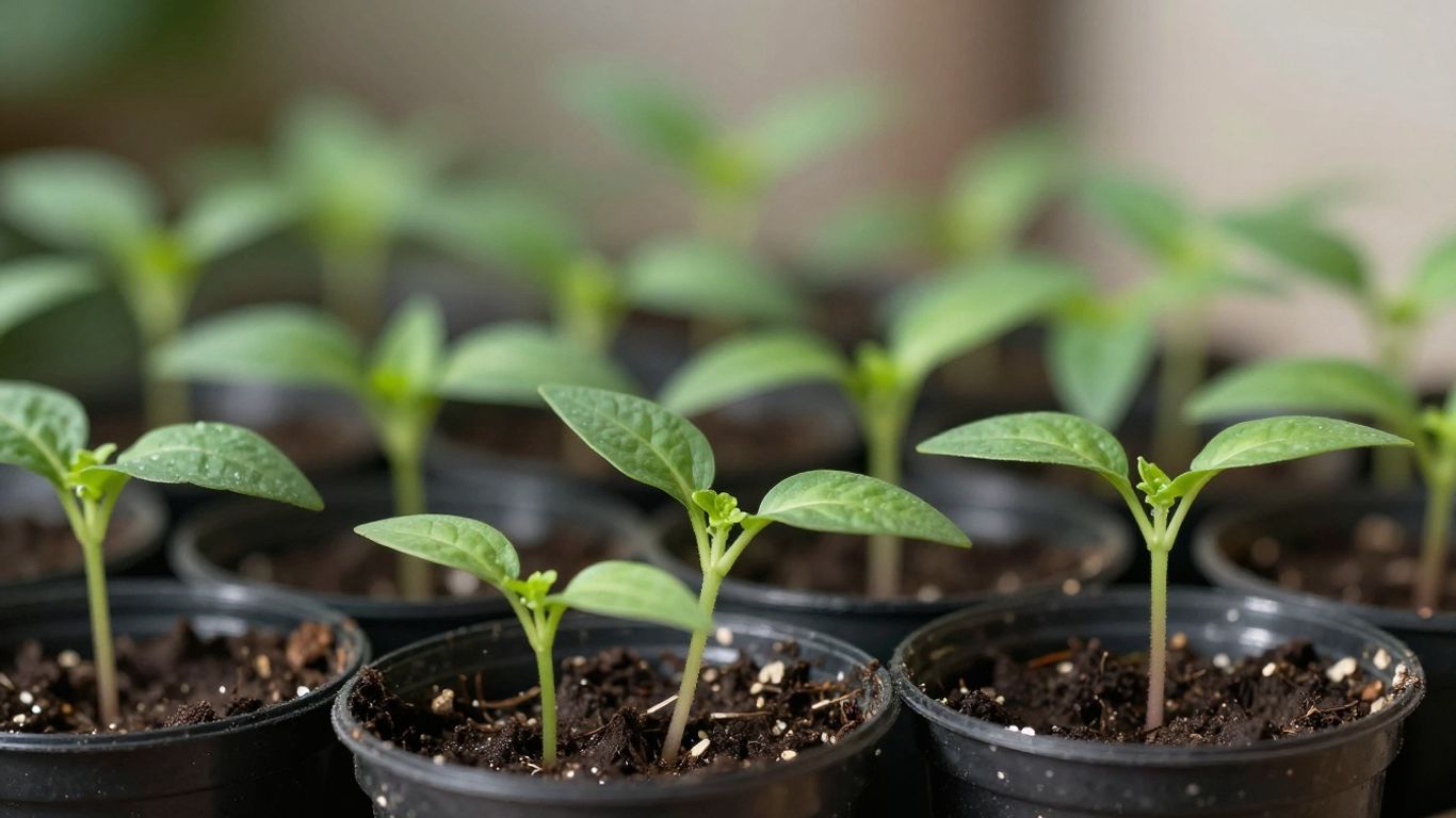 Bunte Pflanzen-Setzlinge in kleinen Töpfen, bereit zum Testen.