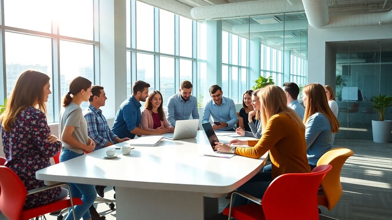 Business professionals collaborating in a modern office setting.