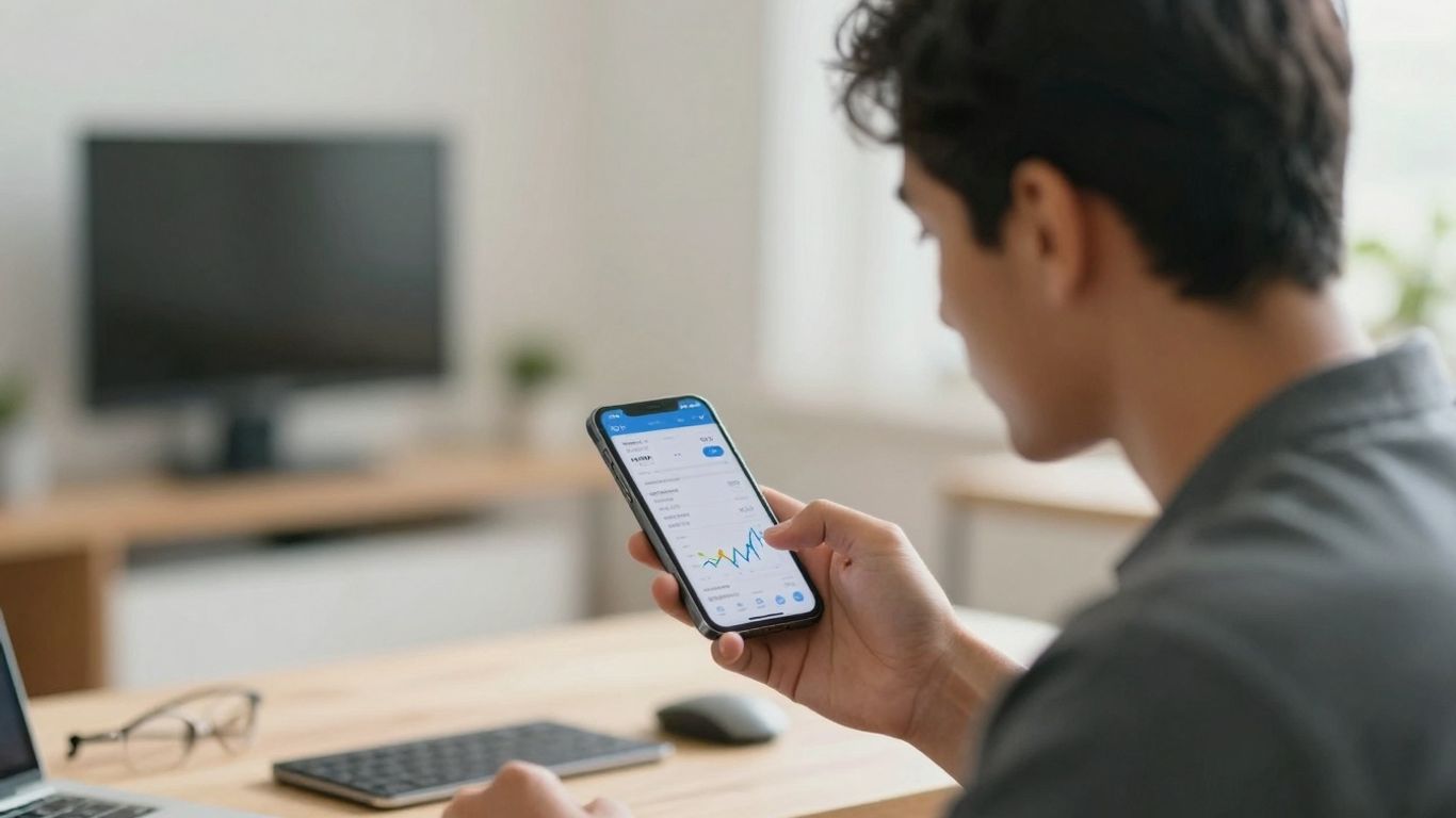 Mão segurando celular com extrato do FGTS na tela.