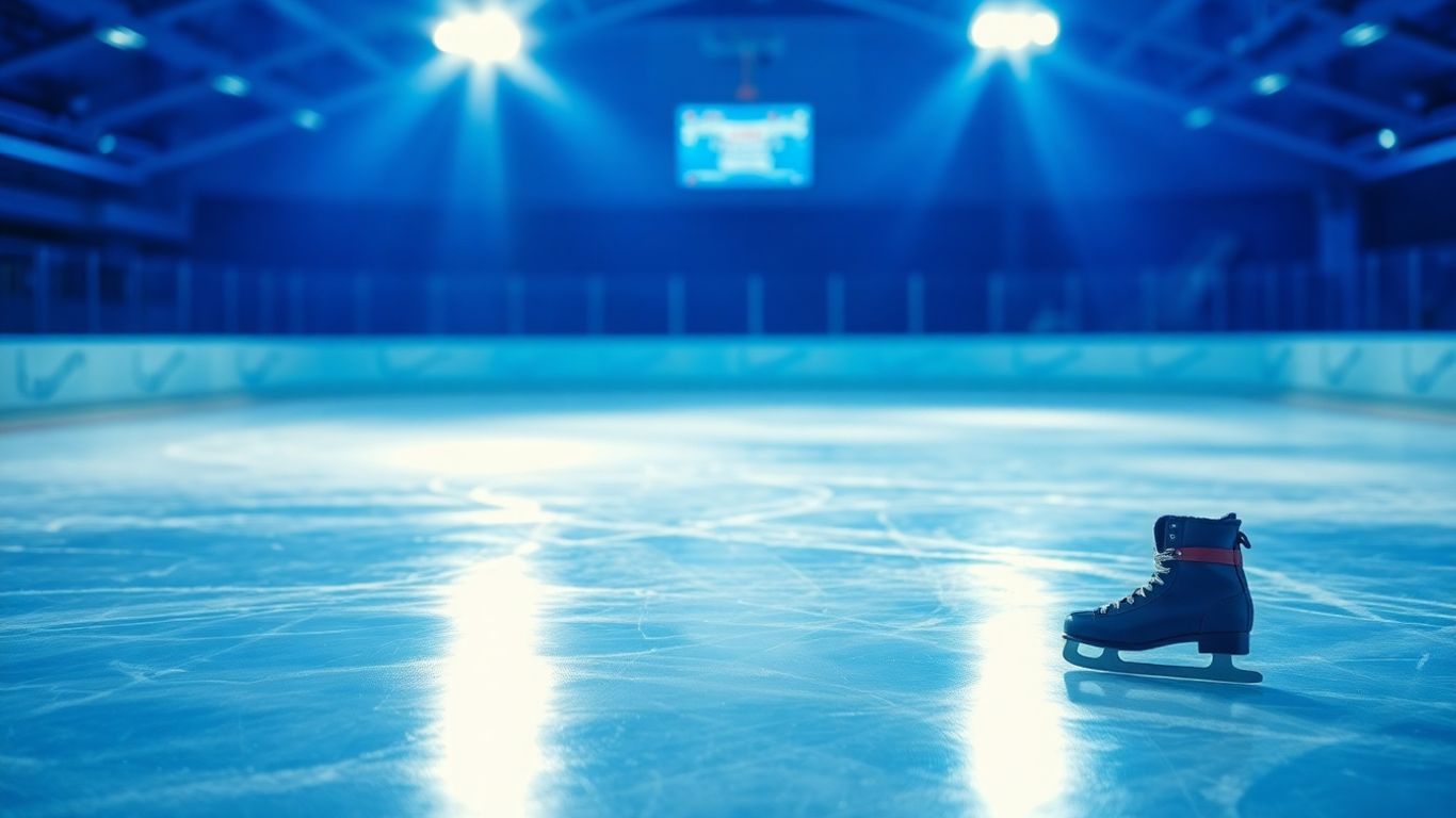 Empty ice rink with spotlights and skates.