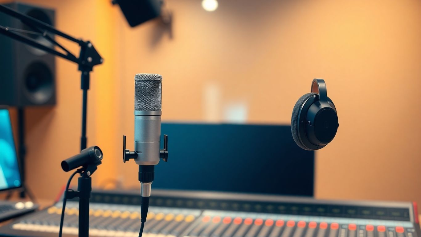 Podcast studio equipment with microphone and headphones.