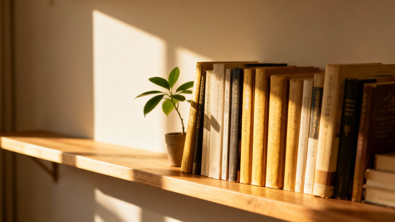 Minimalist bookshelf with books and a plant.