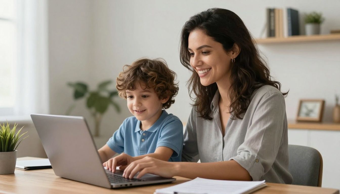 Uma mulher sorridente trabalhando em home office com o filho ao seu lado, transmitindo equilíbrio entre carreira e maternidade