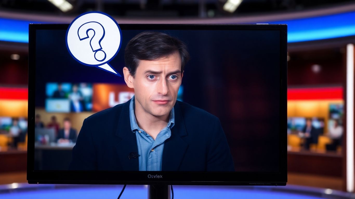 Pessoa preocupada em programa de TV com ponto de interrogação.