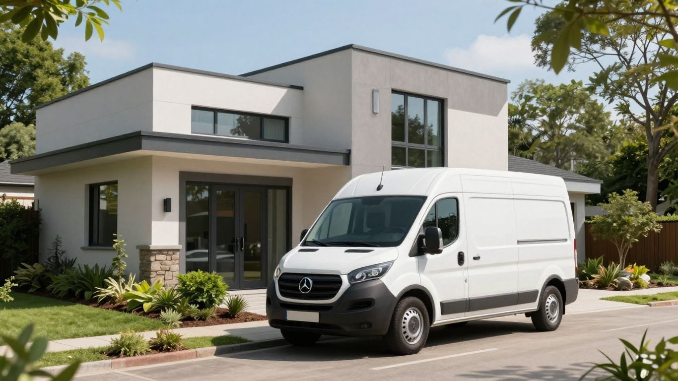 Contractor van outside a modern house with green landscaping.