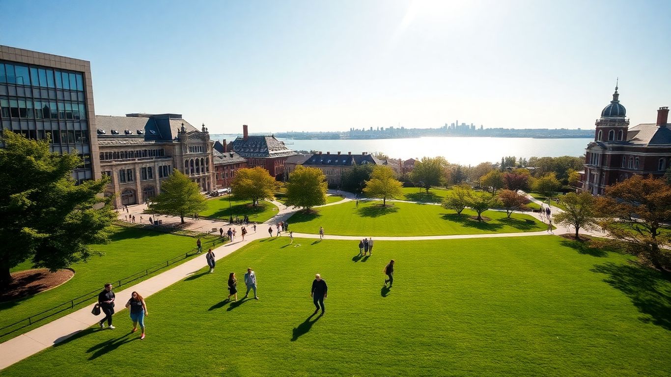 Stevens Institute of Technology campus with NYC skyline.