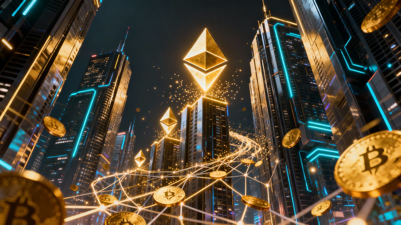 Ethereum logos rising above a futuristic digital cityscape.