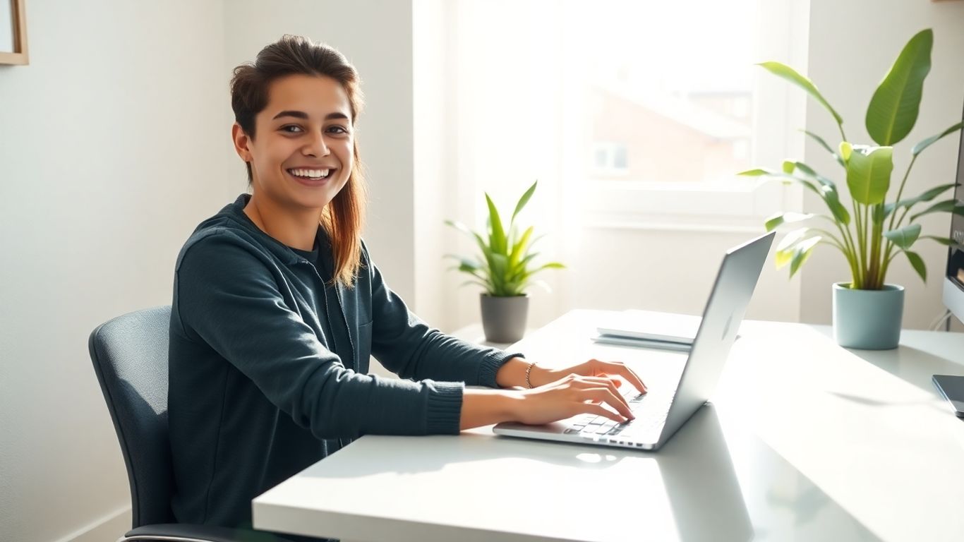 Young person working happily from home.