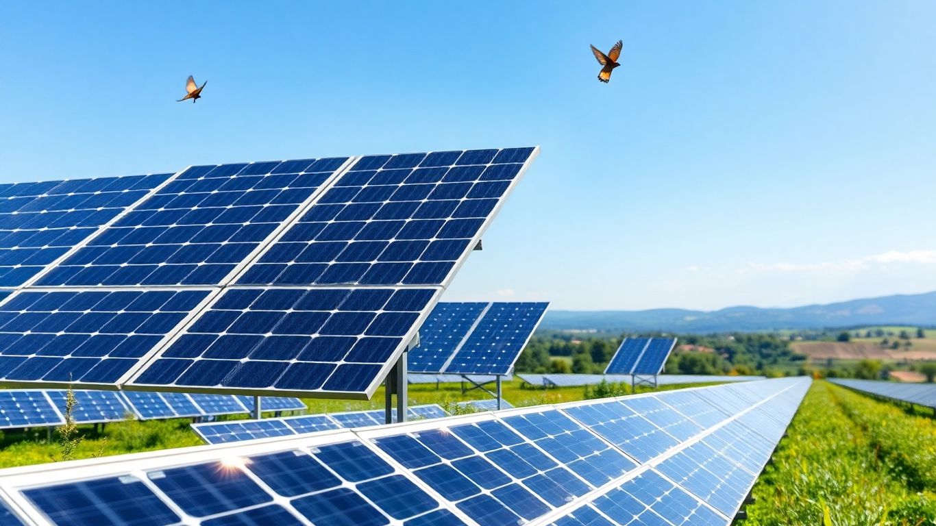 Ferme solaire dans la nature avec ciel bleu clair.