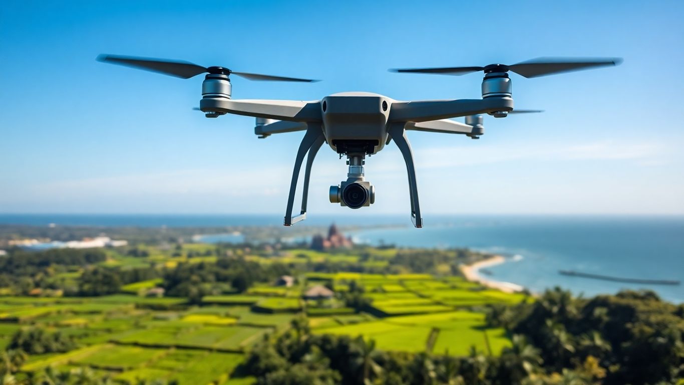 Drone terbang di atas pemandangan Bali